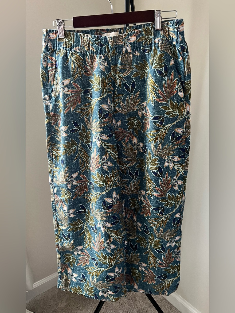 Cynthia Rowley Teal Floral tropical 100% linen pants L